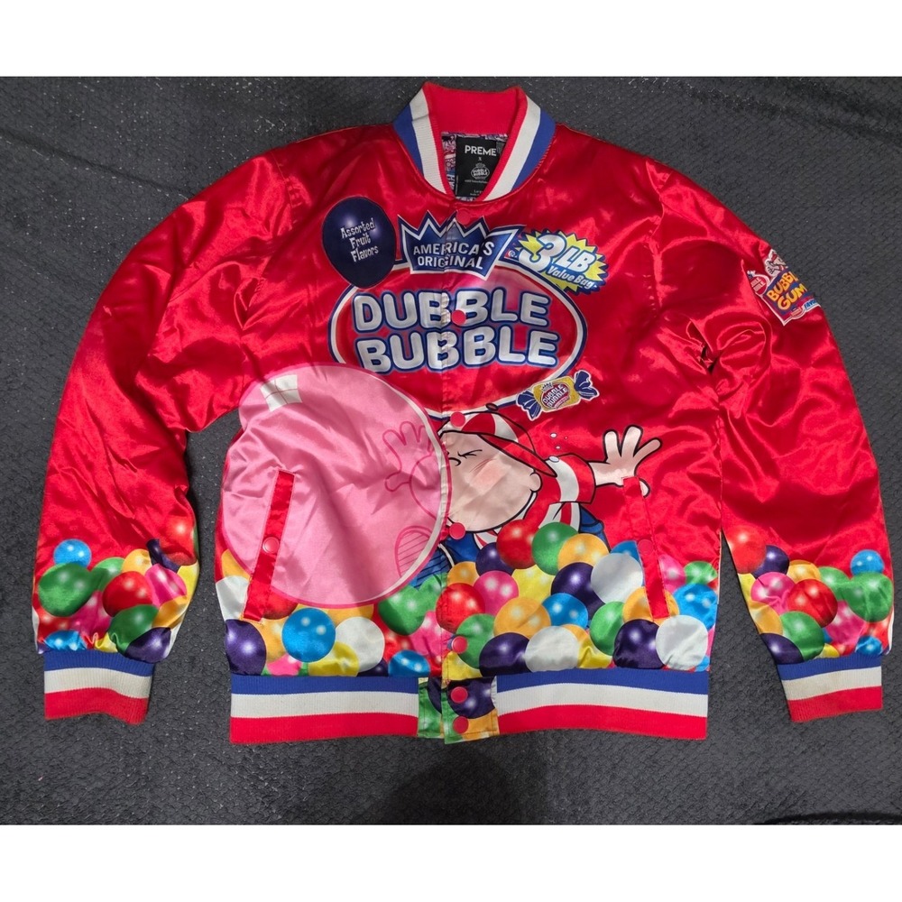 Preme x Dubble Bubble Reversible Bomber Jacket Red Satin Comic Print Mens Large